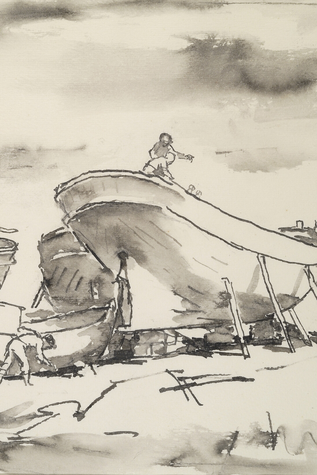 Dimitris Davis, Boatyard, 1962, Ink and diluted ink on paper, 24 x 34 cm