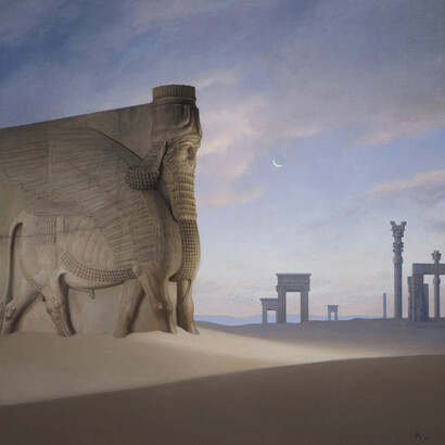 Guillermo Muñoz Vera, Lamassu, 2013, oil on canvas mounted on panel, 59 x 59 inches