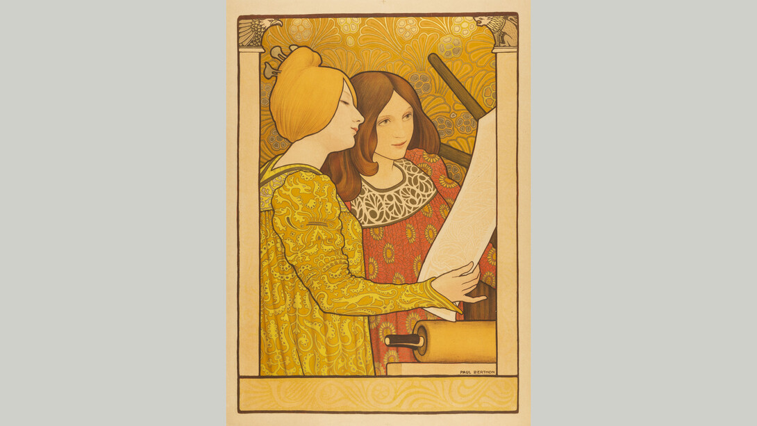 Paul Emile Berthon (1872-1909), Two girls at the printing press (Salon des Arts Liberaux), 1900, colour lithograph on paper. Courtesy of Royal Albert Memorial Museum 