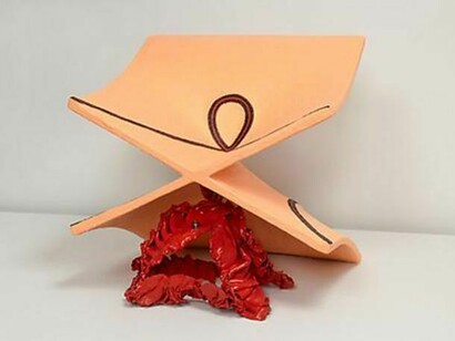 John Newman, In the red and on the hot seat, 2014, extruded and fabricated copper with enamel paint, wood, wood putty, papier mâché, Japanese paper, steel wire, acqua resin, acrylic and oil paint, 21 ½ x 21 ½ x 21 ½ inches