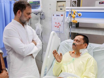 Rahul Gandhi, Leader of the Opposition in the Indian Lok Sabha and a senior Congress party leader, visits a survivor of the recent terror attacks at a hospital in Kashmir