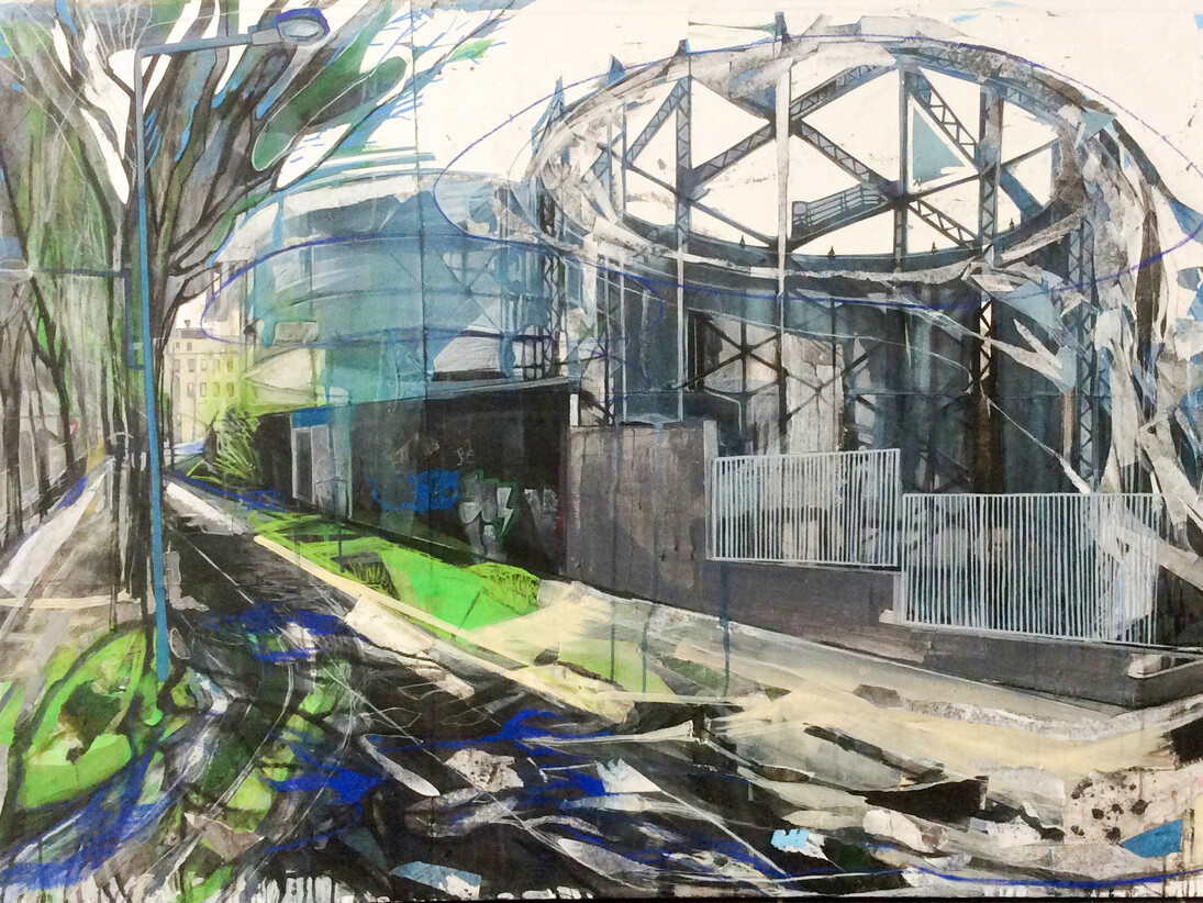 TorinoNowhere 3, 2014, tecnica mista su carta applicata su tela, 100 x 150 cm