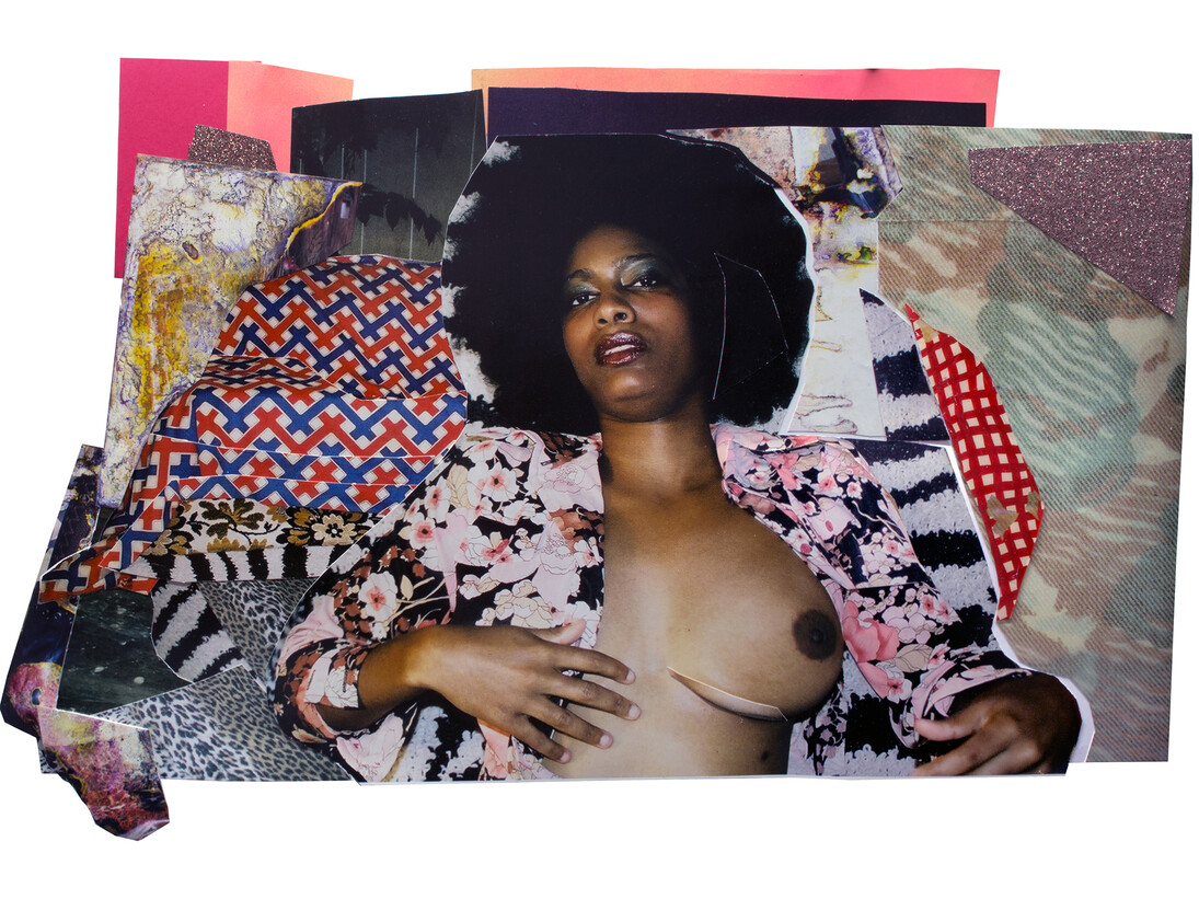 Mickalene Thomas, Portrait of Maya #8, 2014, Photographie et collage sur carton, Color photograph and paper collage on archival board, 54 x 77 cm, Courtesy Mickalene Thomas & Galerie Nathalie Obadia Paris/Bruxelles. Copyright: Mickalene Thomas Studio