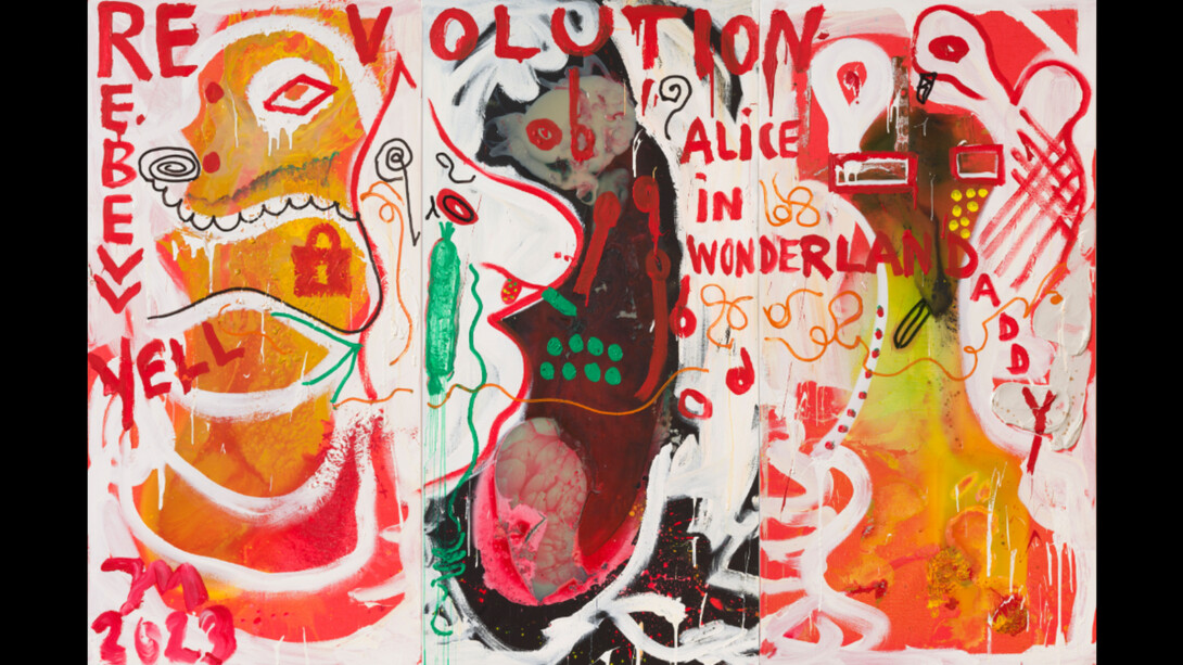 Jonathan Meese, "DR. SOYLENT YELLALICE DE LARGE!", 2023, oil,acrylic, acrylic modelling paste and Caparol-dispersion binder on canvas, 240,5×362×4 cm, photo: Roman März. © Courtesy the artist and Templon, Paris—Brussels — New York