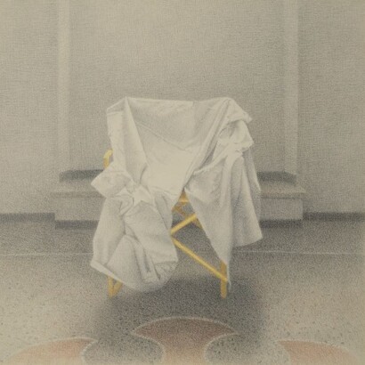 Bernardino Luino, Lenzuolo e sedia gialla, matita e acquarello cm 36x37,5, 1986