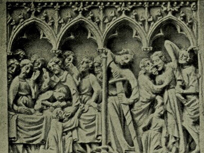 Rodeado por los apóstoles, mientras que la pequeña alma desnuda está en el brazo de Cristo, que levanta su mano para bendecir el cadáver. Museo británico, Londres, Inglaterra