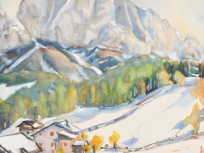 Gli acquerelli di Mumelter colpiscono per la capacità di immortalare la “heimat” – il senso di appartenenza al luogo –, evocando montagne, chiese remote e neve, come testimoniano anche opere in asta raffiguranti paesaggi montani con chiese firmati sull’acquerello. Hubert Mumelter, "Winterlandschaft in den Dolomiten"