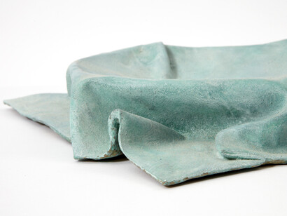 Jens Praet, detail of Dressed Ware Plate, 2014, Production location: San Gimignano (Italy). Edition: Prototype for a edition of 12 + 2AP + 2P. Materials: Bronze (oxidized blue patina) 2 in. high x 13.8 in. diameter (5 x 35 cm)