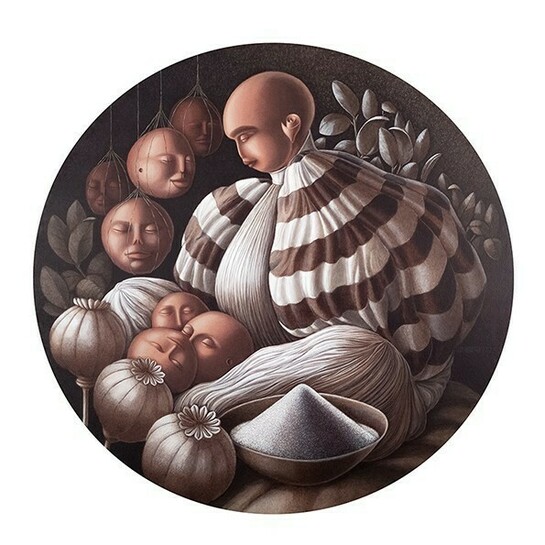 Mercante del nulla. 2013, acrilico su tavola, diametro 100 cm