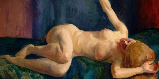 Blonde Nude with Orange, Blue Couch, c. 1917. John Sloan (1871–1951). Oil on canvas, 20 × 24 inches (50.8 × 61 cm). Delaware Art Museum, Gift of the John Sloan Trust, 2006. © Delaware Art Museum / Artists Rights Society (ARS), New York.