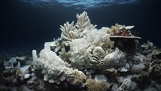 A coral reef suffers under the stress of a marine heat wave; as ocean temperatures rise, vibrant ecosystems like this one fade to white, threatening the delicate balance of marine life and the herbivorous fish that depend on it