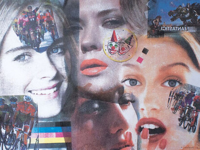 Fantastici, 2017, décollage su carta applicata su tavola, 50 x 70 cm 
