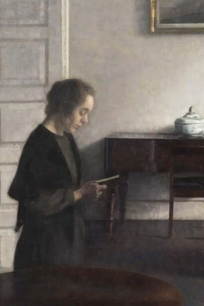 Vilhelm Hammershøi, Interior con mujer leyendo (ca. 1900, detalle)