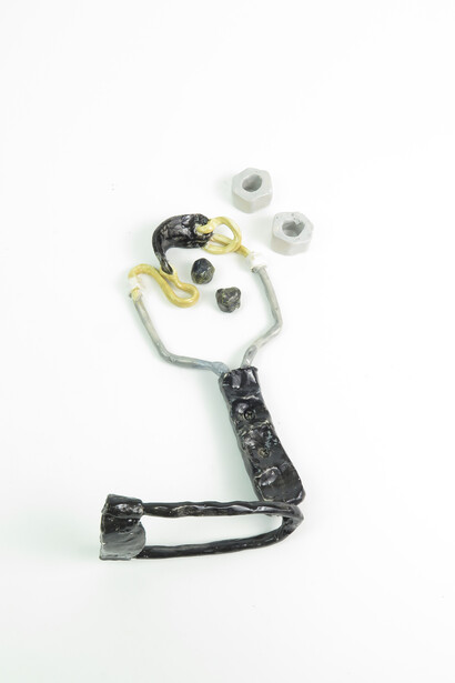 Rose Eken, Slingshot with Two Bolts and Two Metal Balls, 2018, Glazed paper clay, Slingshot 28x11x14cm, Bolts 3,5x3,5cm, Metal Balls 2cm(dia). 