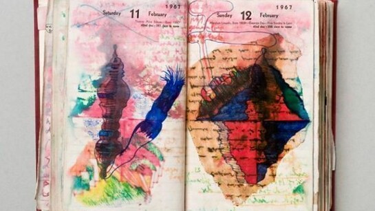 Dieter Roth, Diary, 1967 Hardcover leatherbound diary with drawings, coloured sketches, collages © Dieter Roth Estate. Courtesy Hauser & Wirth Photograph: Michael Pfisterer, Hamburg