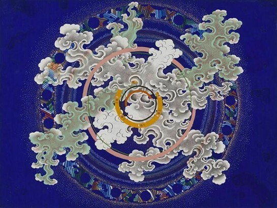 Pema Rinzin, Wheel of Time and Space (5), 2014, Ground mineral pigments, gold, on wood, 18 x 24 inches. Images courtesy of Joshua Liner Gallery