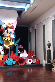 Fortunato Depero (1892–1960) Flora Magica, Stage set reproduction (orig. 1917), 500cm x 500cm x 400cm. Painted paper, cardboard, metal, and wood. Depero designed Flora Magica in 1917 as the scenography for Igor Stravinsky’s ballet Le Chant du Rossignol (The Nightingale). A key figure in Italian Futurism, he co-wrote Futurist Reconstruction of the Universe (1915) with Giacomo Balla, embracing the movement’s dynamic vision