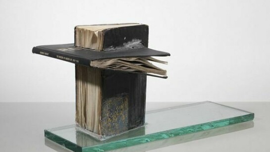 John Latham, Study for a Bing Monument, 1976,
Two books, glass, 26 x 50.5 x 26 cm