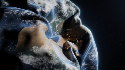 A crumpled Earth represents the pressing environmental challenges, such as climate change and natural disasters