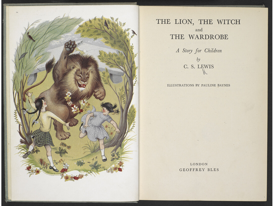 The title page from the 1950 London edition of CS Lewis' The Lion, the witch and the wardrobe. Copyright c CS Lewis Pte Ltd