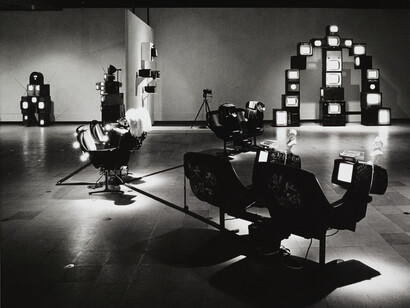 Installation view of Video Works, Nam June Paik, at Hayward Gallery, London (1988)