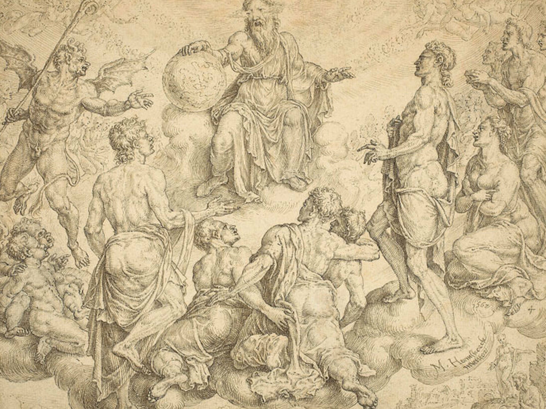 Maerten van Heemskerck, Satan Challenges God to Remove His Protection from Job, 1562, pen and ink over traces of graphite, incised for transfer, National Gallery of Art, Washington, Joseph F. McCrindle Collection, 2010
One of a series of eight designs for prints depicting the biblical story of Job, this sheet shows Satan daring the Lord, at center with his hand on the globe, to rescind his protection over his most faithful servant. God accepts the challenge, allowing Satan to subject Job to a number of depredations and trials, but Job’s faith never wavers. He is shown at the lower right, his hands folded in prayer and acceptance; his wife stands beside him, urging him—without success—to curse God. Courtesy of National Gallery of Art