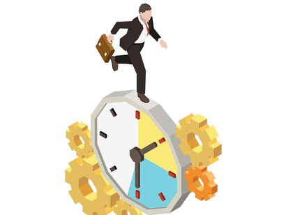 Illustrazione di uomo che corre su orologio e ingranaggi: "Ogni persona in cuor suo sa molto bene quali sono quelle piccole o grandi abitudini che la danneggiano..."