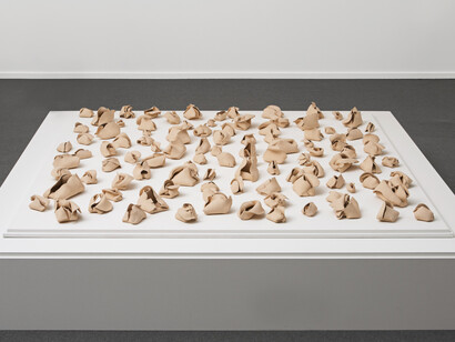 Hannah Wilke, Untitled, 1974-77, Signed and dated, 103 terracotta sculptures, 6.5 x 5.8 x 4.6 cm, 2 1/2 x 2 1/4 x 1 3/4 ins, each, 2.5 x 152.4 x 152.4 cm, 1 x 60 x 60 ins, board. Courtesy Alison Jacques Gallery, London and Hannah Wilke Collection and Archive, Los Angeles. © Marsie, Emanuelle, Damon and Andrew Scharlatt, Hannah Wilke Collection & Archive, Los Angeles. Licensed by VAGA, New York, NY/ DACS, London.