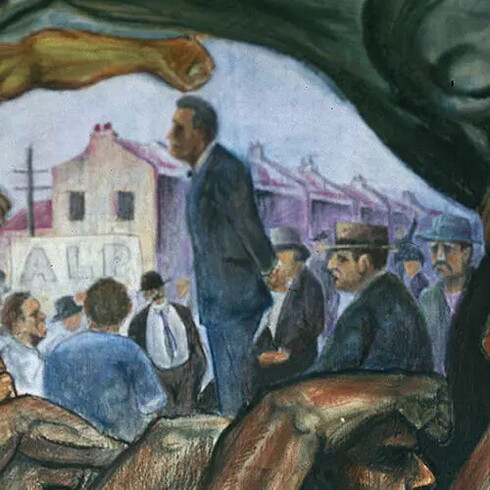 Rod Shaw, Harry McDonald, Evelyn Walters (Healy), Vi Campbell (Collings), Sonny Glynn, Pat Graham, Clem Millward, Harry Reade and Ralph Sawyer, The Wharfies mural (detail), between 1953 and about 1965. Courtesy of Australian National Maritime Museum