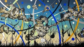 "(A-) PHYS Ig N° 61" de Carlos Génova. El significado de la pintura de la serie "(A-) PHYS" implica una dinámica de lectura con su propia megaforma pétrea, contrastante por su organicidad con las figuras lineales