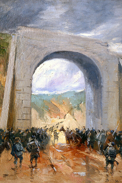 Italico Brass, Bersaglieri presso Sdraussina verso la prima linea, 1915, olio su tela, 61 x 50 cm