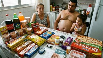 Uma família diante de uma mesa repleta de produtos ultraprocessados, em uma cena que traduz o contraste entre a abundância de alimentos industrializados e o acesso cada vez mais difícil à comida de verdade. Quando os produtos ultraprocessados ocupam a mesa com facilidade, comer comida de verdade pode deixar de ser uma escolha cotidiana e se transformar em privilégio