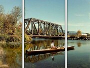Rodney Graham, Paddler, Mouth of the Seymour, 2012-2013, Three painted aluminum lightboxes with transmounted chromogenic transparencies 119 5/8 x 71 5/8 inches each panel, 119 5/8 x 216 5/8 inches overall, edition of 4