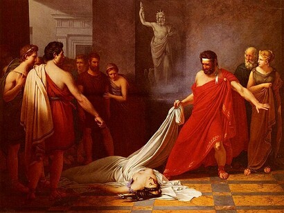 "Egisto, pensando que encontrará el cuerpo sin vida de Orestes, descubre el de Clitemnestra", Charles-Auguste Van den Berghe, 1823