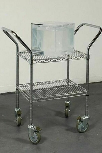 Sean Raspet, "Arbitrary Embodiment (A04)," 2014, propylene glycol in LDPE container in hair gel with silicone polymer and Cyclomethicone, in Plexiglass container on steel shelf, 70 x 18 x 34 in.