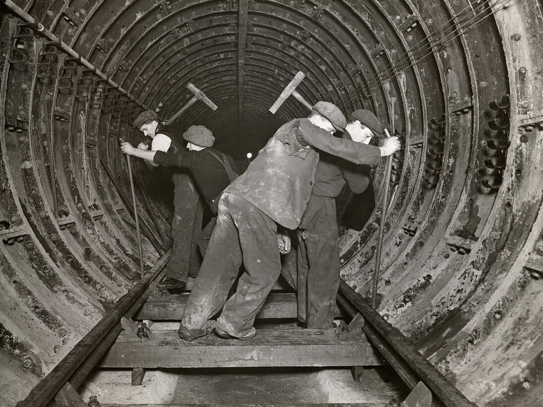 Track laying in a tube tunnel near Highgate Underground station, 1938 