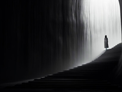 A woman in a lonely, dark environment, reflecting sorrow