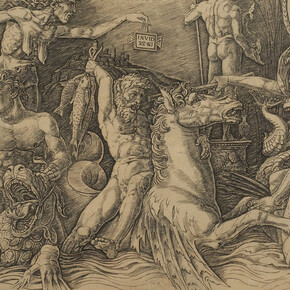 Andrea Mantegna, Le combat des dieux marins (partie gauche), v. 1485–1488, gravure au burin sur papier vergé, 28 × 42,7 cm. Musée des beaux-arts du Canada, Ottawa. Acheté en 1915. Photo : MBAC