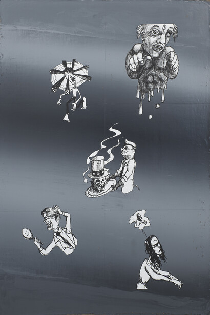 Mark Hagen, Lost in my Mansion, 2014, acrylic and silkscreen ink on burlap over panel, 96 x 64 x 1.5 in. / 243.8 x 238.8 x 3.8 cm © Mark Hagen, Courtesy Marlborough Chelsea  