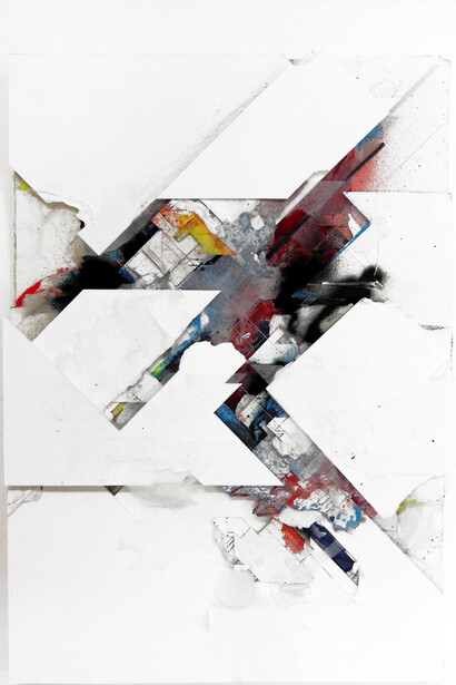 Boris Tellegen, Interburden A6 , 2014, Cardboard, xeroxes, japanese paper, adhesives, spray bomb and threads, 45 x 32 cm / 55,5 x 43 cm