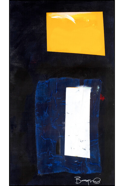 Rick Begneaud, Saffron Raven (Mudboat Zen), 2011, Collage and acrylic on canvas, mounted to panel. Framed: 40.13 x 23.13 x 3.5 inches; 101.9 x 58.7 x 8.9 cm. Signed lower right, Signed, titled, dated on verso. Courtesy Woodward Gallery, NYC