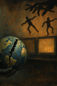 An allegorical painting of censorship and power: a cracked globe held in shadow, puppet strings above, and empty glowing screens reflecting how manipulation shapes what the world sees—and what it never hears