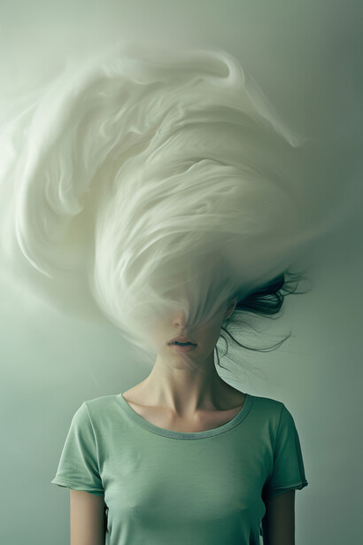 An overstimulated person in deep thought, representing mental overload and brain fog with a cloud forming above their head