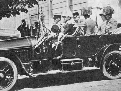 Archduke Ferdinand and his wife on an official visit to Sarajevo in June 1914, shortly before their assassination by Gavrilo Princip