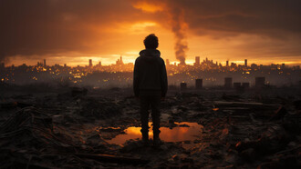 A boy watching the ruins after bombing of a city