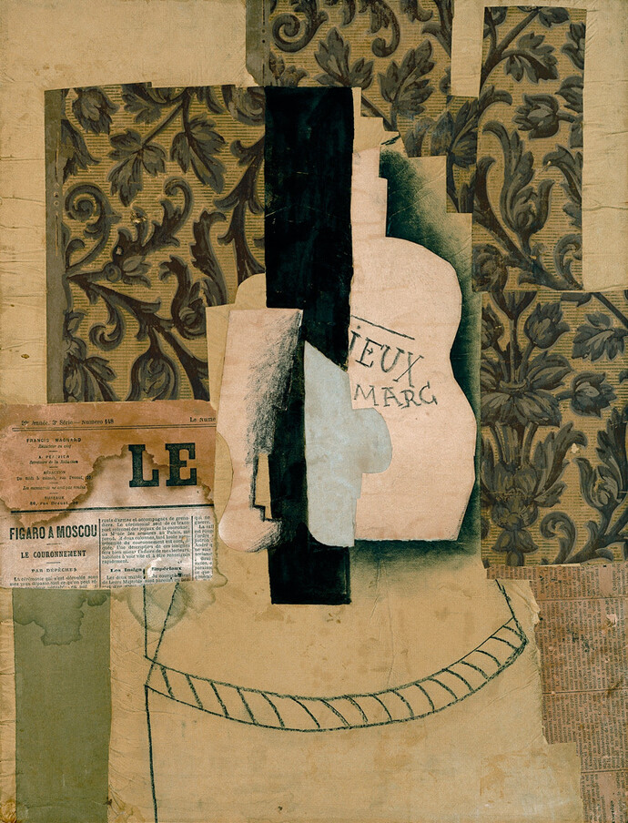 Pablo Picasso, Nature morte,
bouteille et verre, 1913, collage,
charcoal and oil on canvas,
Kunstsammlung Nordrhein-Westfalen,
Düsseldorf, Purchase 1965
© Picasso Estate / SODRAC (2016)
Photo: Walter Klein, Düsseldorf