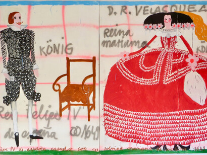 Gabrielle Graessle, König und königin (detail), 2020. Acrylic and glitter, Diptych: (L) 180cm x 130cm, (R) 180cm x 160cm L 70 3/4 x 62 3/4 (R) 70 3/4 x 51 1/4. Courtesy of the artist and Simchowitz Gallery