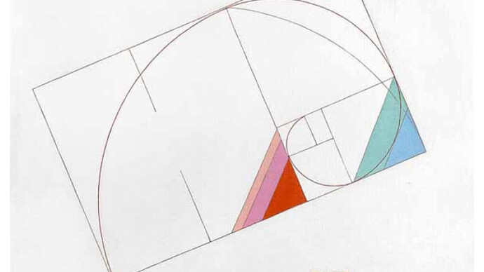 Eugenio Carmi, La bella spirale della Sezione Aurea, 2011, 100 x 100 cm, acrilici e collage su juta