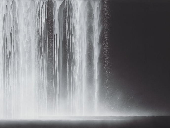 Hiroshi Senju, Waterfall (detail), 2012, natural pigments on Japanese mulberry paper, 44 1/8 x 76 5/16 x 1 3/16 inches