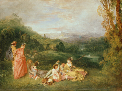 Antoine Watteau, L’amour paisible. Die friedliche Liebe, Detail, 1718/1719, Öl auf Leinwand, Stiftung Preußische Schlösser und Gärten Berlin-Brandenburg, Foto: SPSG/Jörg P. Anders